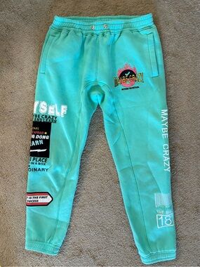 Maybe Crazy Streetwear “Nothing for Nothing” teal sweat pants size 28”